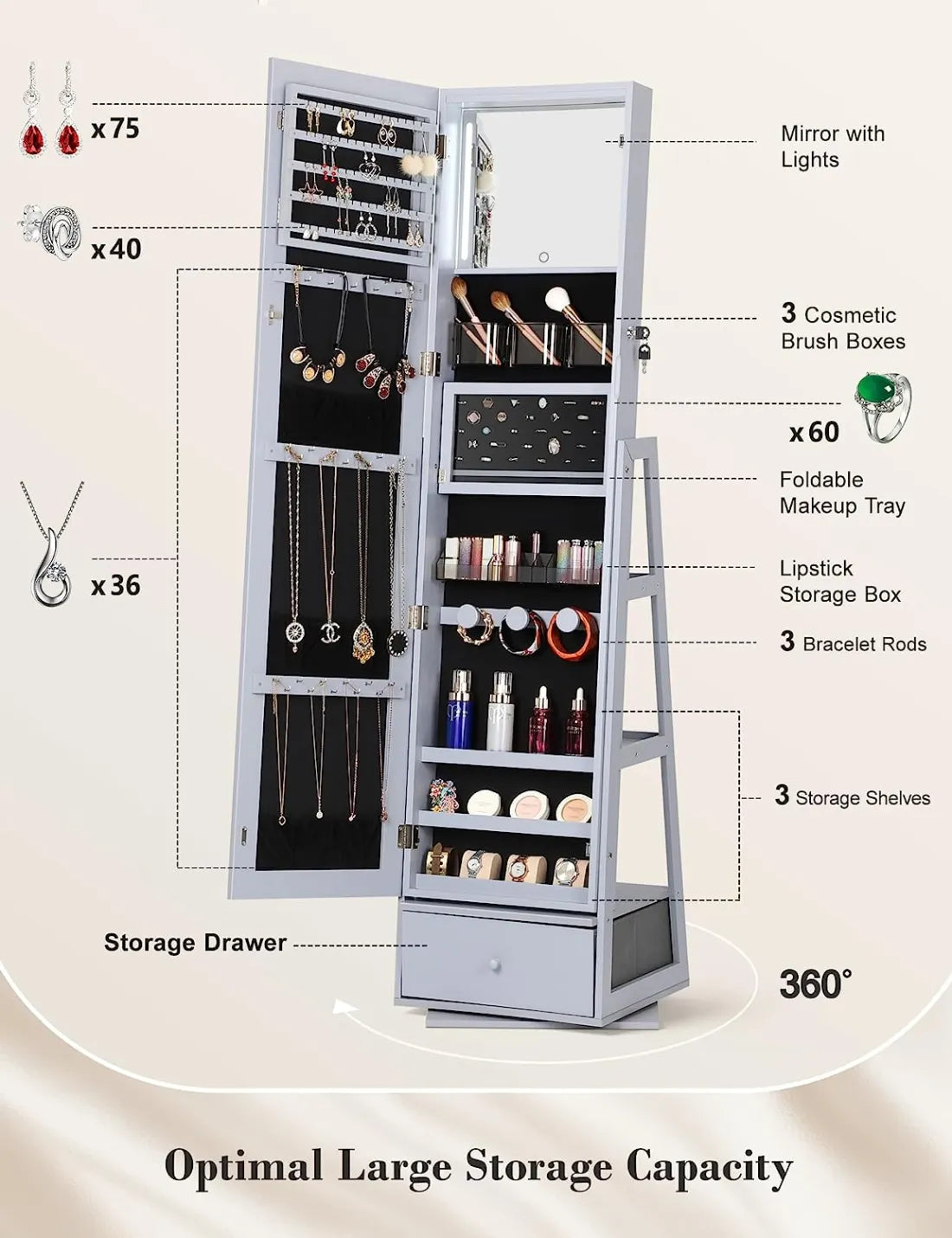 🩸360° Swivel Jewelry Cabinet with Lights, Touch Screen Vanity Mirror, Rotatable Full Length Mirror with Jewelry Storage, Standing Jewelry Armoire Organizer, Foldable Makeup Shelf,