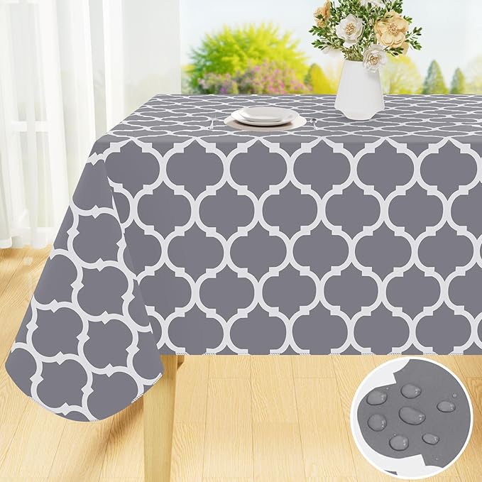 Rectangle Tablecloth, Waterproof Vinyl Tablecloths with Flannel Backing for Rectangle Tables, Wipeable Spillproof Plastic Tablecloth for Dining, Camping, Indoor and Outdoor 60" x 84", Grey