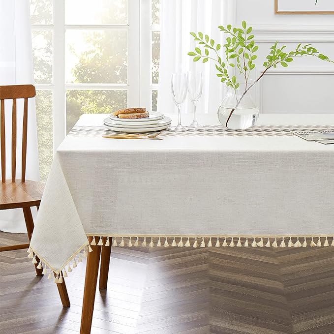 Embroidered Tablecloth for Dining Table,Dust Proof Spillproof Soil Resistant Cotton Linen Rectangle Table Cloths (Coffee Wheat, Rectangle/Oblong, 55'x70'', 4-6 Seats)