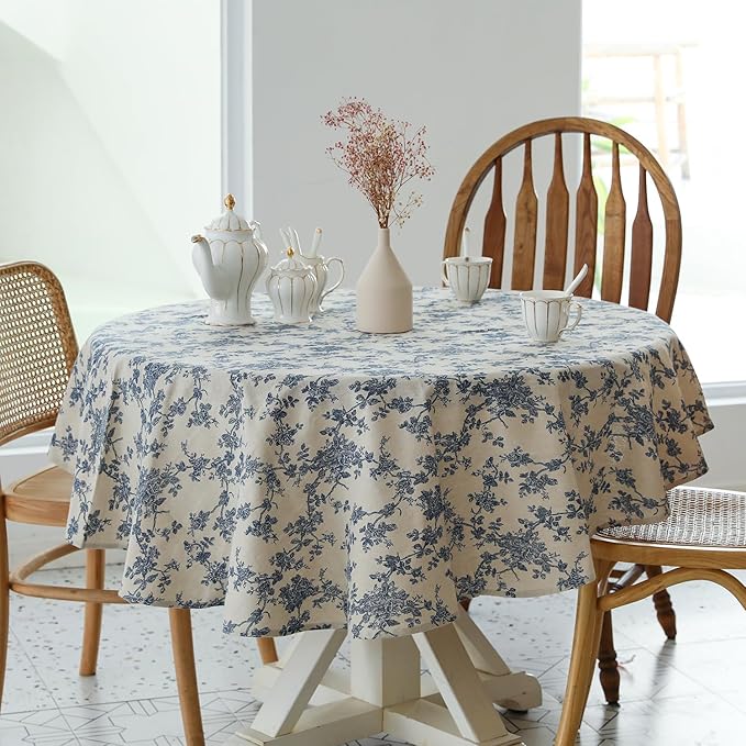 Pastoral Round Tablecloth - 60 Inch Dia. - Linen Fabric Table Cloth - Washable Table Cover with Dust-Proof Wrinkle Resistant for Restaurant, Picnic, Indoor and Outdoor Dining, Floral (Dark Blue)