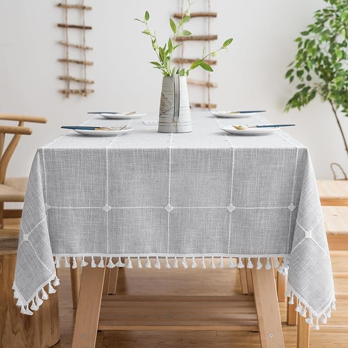 Cotton Linen Rectangular Table Cloth, Wrinkle Resistant, Waterproof Tablecloth, Washable Farmhouse Table Cover with Tassels for Kitchen Dining Party, 55''x70'', 4-6 Seats, Grey