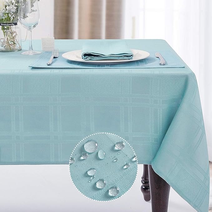 Tablecloth Rectangle 60×84 Soild Plaid Jacquard, Spring Easter Table Cloth Waterproof Elegance Contemporary Woven Decorative Tablecloths, Spillproof Wrinkle Resistant Table Cover, Turquoise