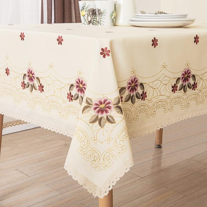 Decorative Red Floral Print Lace Water Resistant Tablecloth Wrinkle Free and Stain Resistant Fabric Tablecloths for Kitchen Room 60 Inch by 84 Inch